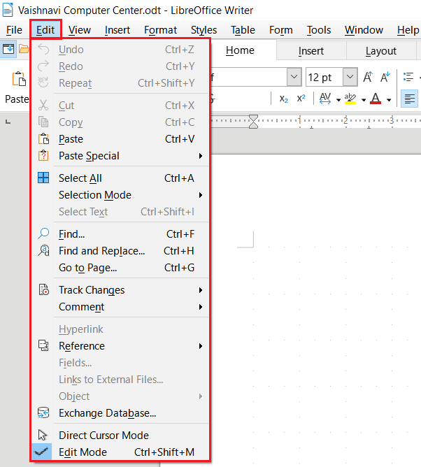 LibreOffice Writer Edit Menu