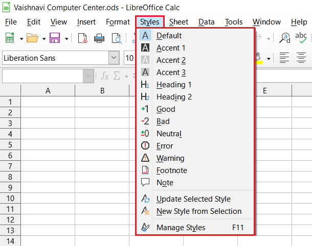 LibreOffice Calc Styles Menu
